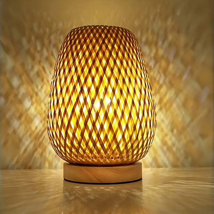 Bamboo Woven Table Lamp with Wooden Base | USB Powered Dimmable LED | Casts Patterned Light Shadows, Inline Dimmer Control