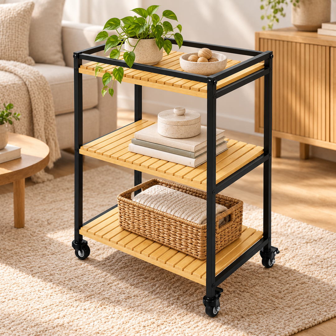 Bamboo Storage Trolley Rack | 3-Tier Rolling Organiser | Slim Design for Tight Corners, Kitchen &amp; Bathroom Storage 1