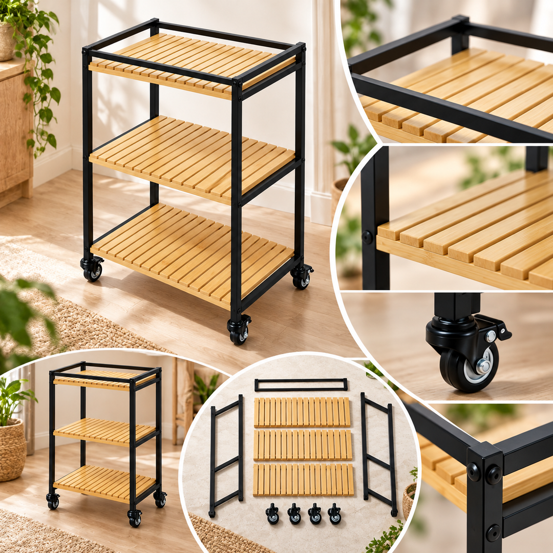 Bamboo Storage Trolley Rack | 3-Tier Rolling Organiser | Slim Design for Tight Corners, Kitchen &amp; Bathroom Storage 2