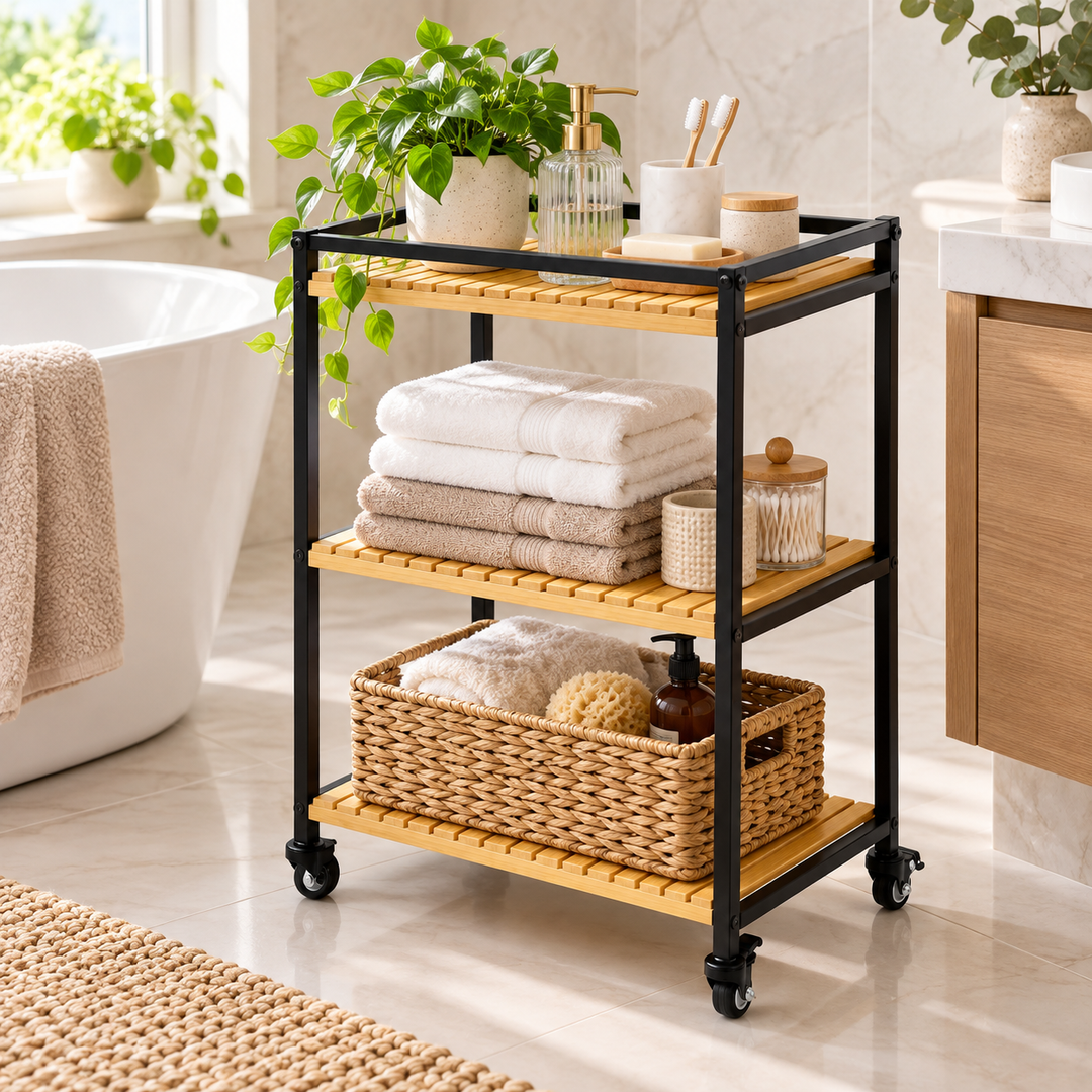 Bamboo Storage Trolley Rack | 3-Tier Rolling Organiser | Slim Design for Tight Corners, Kitchen &amp; Bathroom Storage 5