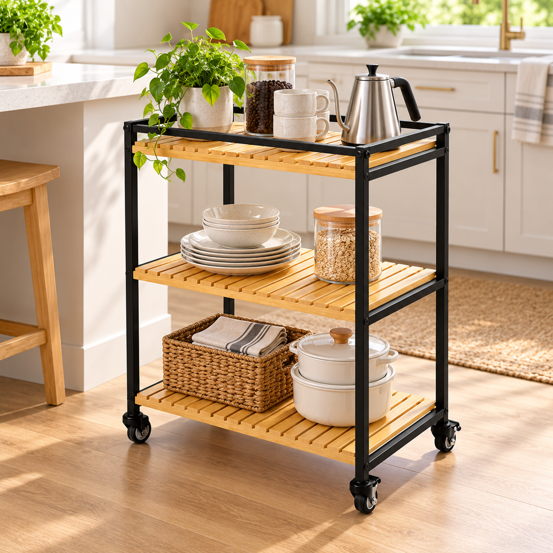 Bamboo Storage Trolley Rack | 3-Tier Rolling Organiser | Slim Design for Tight Corners, Kitchen &amp; Bathroom Storage 4