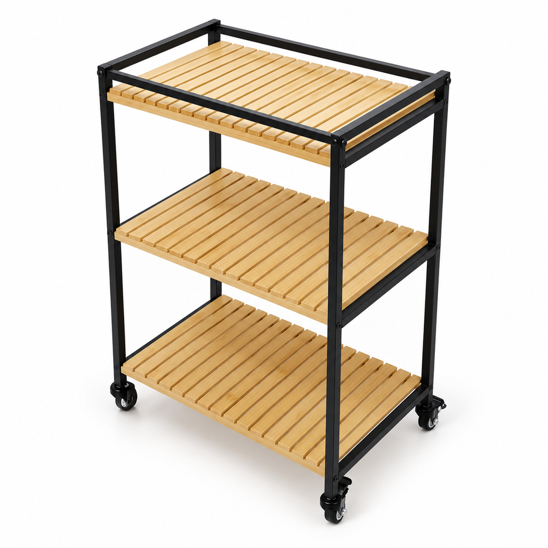 Bamboo Storage Trolley Rack | 3-Tier Rolling Organiser | Slim Design for Tight Corners, Kitchen &amp; Bathroom Storage 3