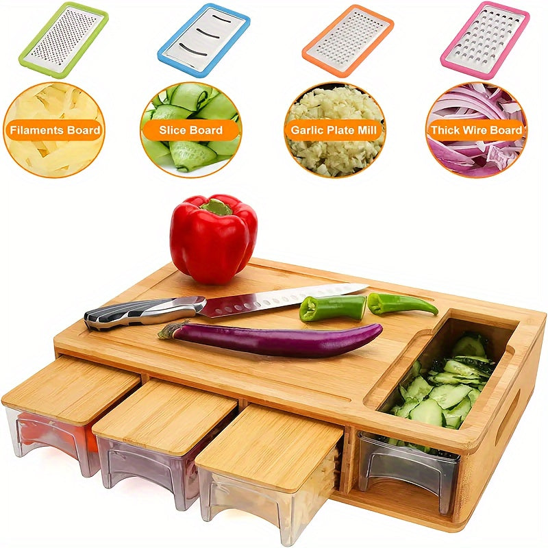 Bamboo Cutting Board with Storage Trays &amp; Graters | Multifunctional Kitchen Prep Station 0