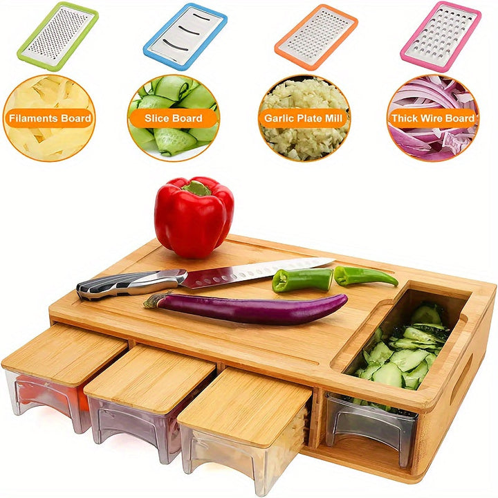 Bamboo Cutting Board with Storage Trays &amp; Graters | Multifunctional Kitchen Prep Station 0