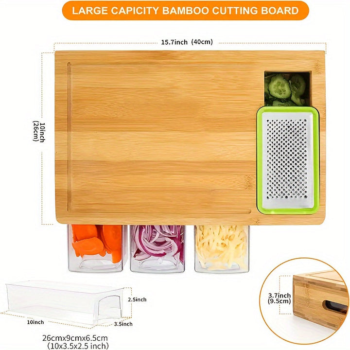 Bamboo Cutting Board with Storage Trays &amp; Graters | Multifunctional Kitchen Prep Station 4