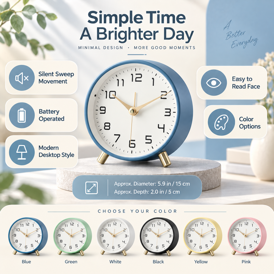 Battery Operated Table Clock Scandinavian Metal with Silent Sweep Movement 10