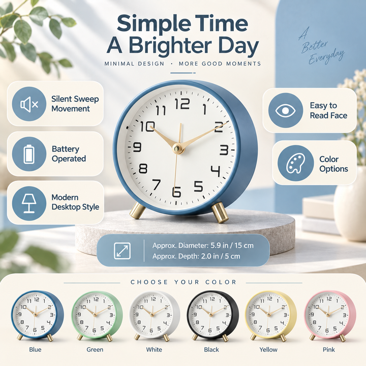 Battery Operated Table Clock Scandinavian Metal with Silent Sweep Movement 10