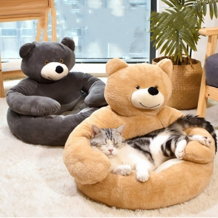 Bear Shaped Plush Pet Bed | Raised Sides &amp; Non-Slip Base | Machine Washable Winter Warmth for Small and Medium Dogs and Cats