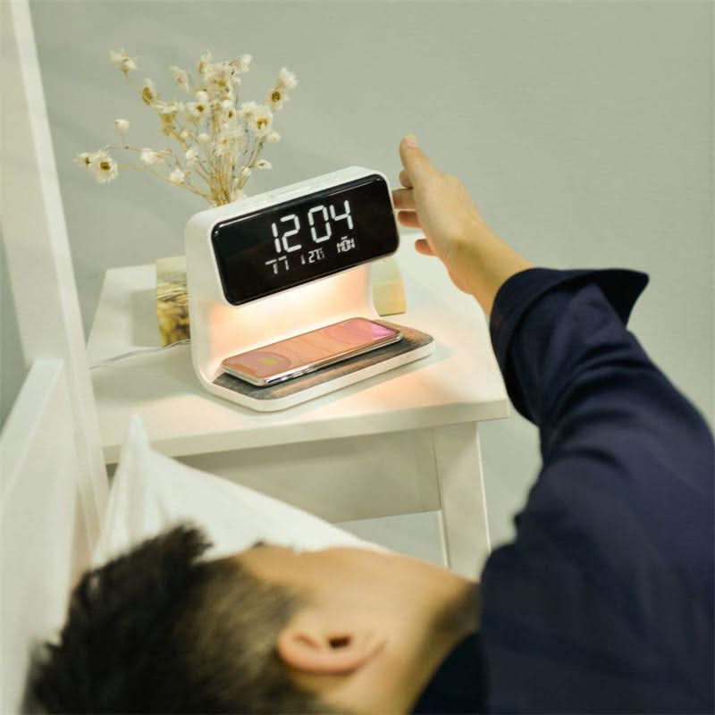 Bedside Lamp with Wireless Charger and Alarm Clock | 3-Level Dimmable LED, Qi Fast Charging | LCD Display, White ABS Casing