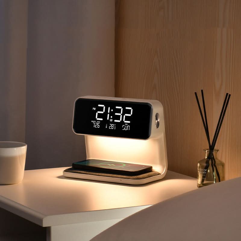 Bedside Lamp with Wireless Charger and Alarm Clock | 3-Level Dimmable LED, Qi Fast Charging | LCD Display, White ABS Casing