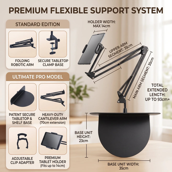 Bedside Tablet and Phone Mount | Spring Arm, Flat Base Plate