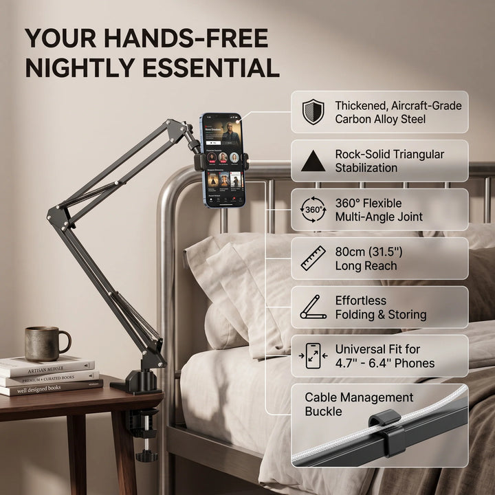Bedside Tablet and Phone Mount | Spring Arm, Flat Base Plate