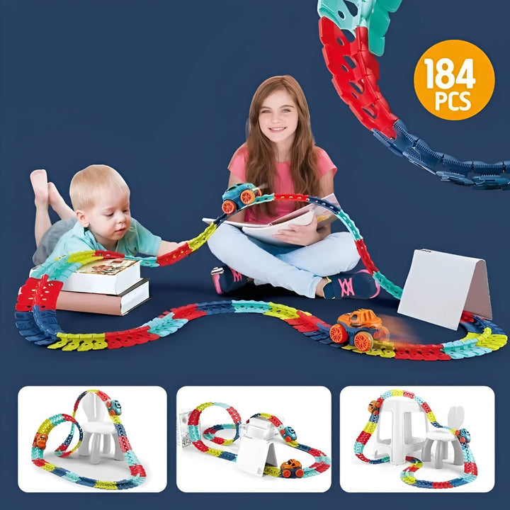 Bendable Race Track for Kids Nontoxic Plastic | Snap-Together Glow-in-the-Dark LED Design | Anti-Tip Car for Endless Play