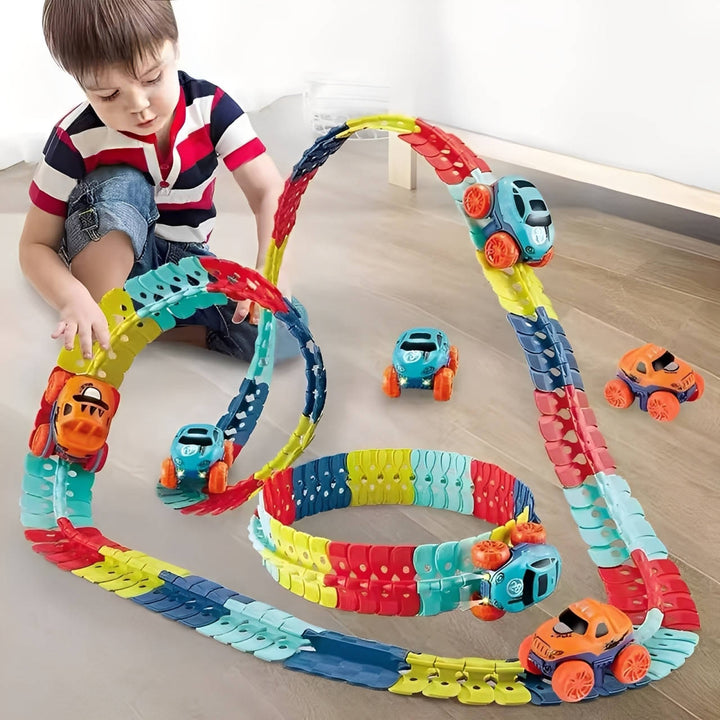 Bendable Race Track for Kids Nontoxic Plastic | Snap-Together Glow-in-the-Dark LED Design | Anti-Tip Car for Endless Play