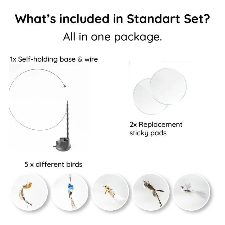 Bird Simulation Cat Toy | Suction Cup Mount, 5 Replaceable Bird Toys with Bells | Encourages Independent Play &amp; Exercise