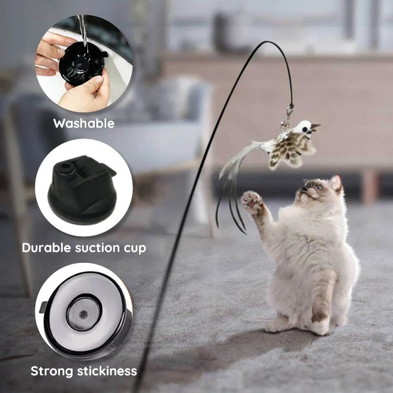 Bird Simulation Cat Toy | Suction Cup Mount, 5 Replaceable Bird Toys with Bells | Encourages Independent Play &amp; Exercise