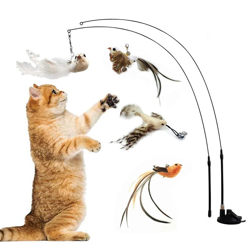 Bird Simulation Cat Toy | Suction Cup Mount, 5 Replaceable Bird Toys with Bells | Encourages Independent Play &amp; Exercise