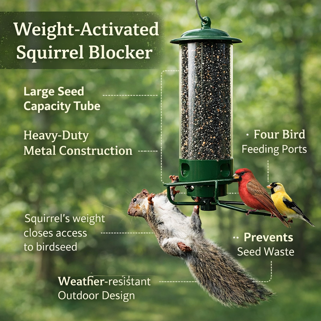 Squirrel Proof Bird Feeder Metal | 4-Port Rotating Perch with Large Seed Reservoir | Weather-Resistant Hanging Design 9