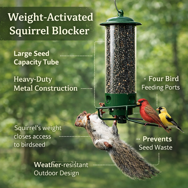 Squirrel Proof Bird Feeder Metal | 4-Port Rotating Perch with Large Seed Reservoir | Weather-Resistant Hanging Design 9