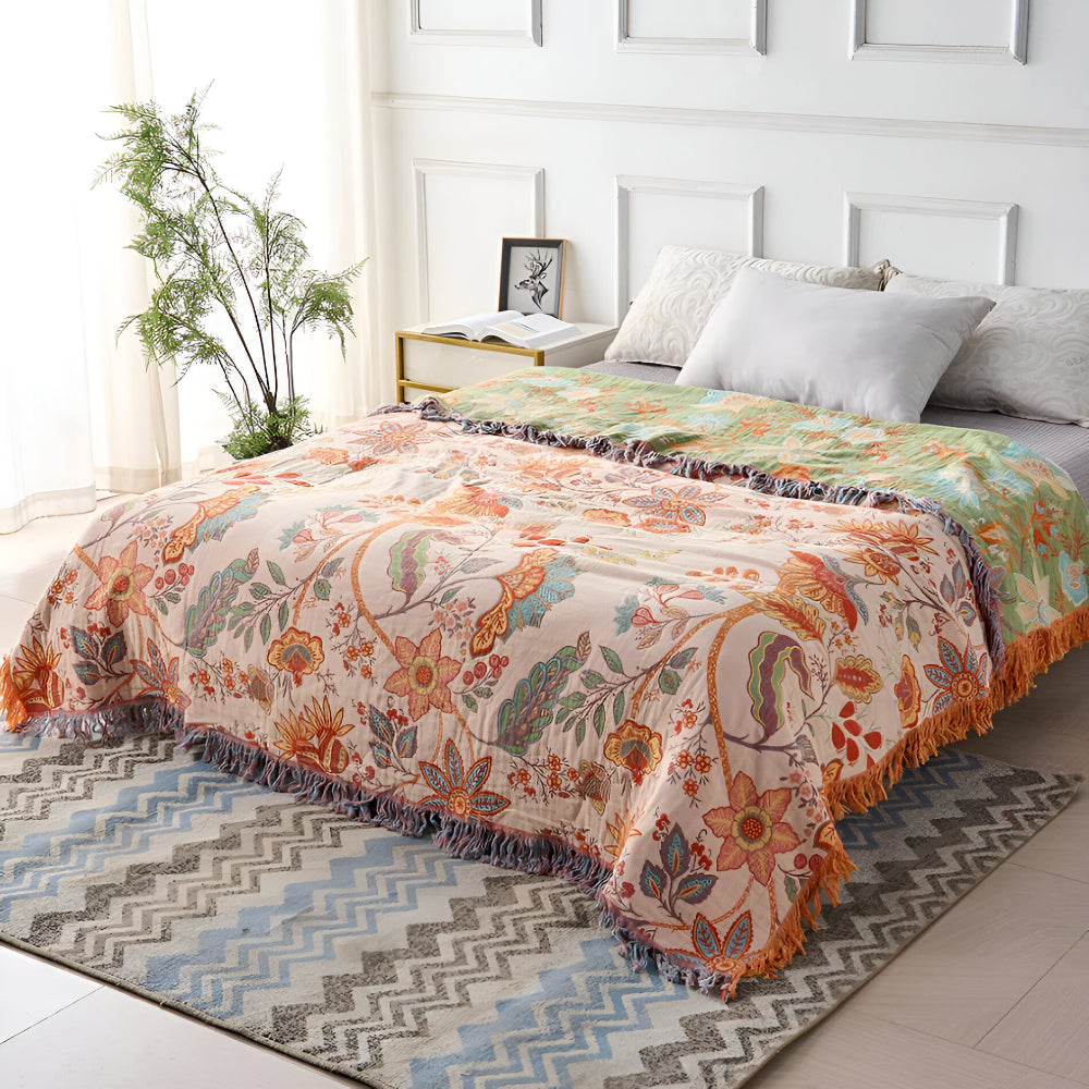 Floral Boho Blanket Throw Woven Cotton Fabric | Fringe Trim Design | Cosy Layer for Sofa, Bed, Picnic and Outdoor Use 3