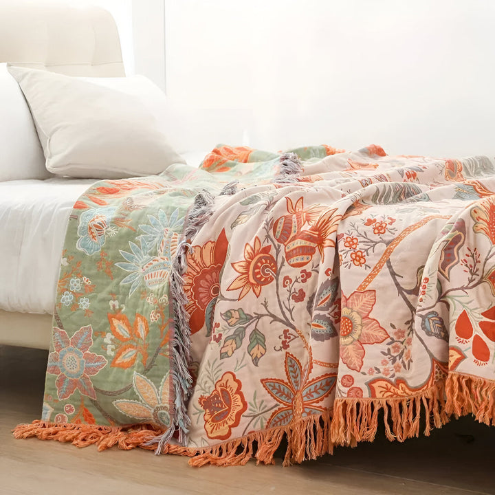 Floral Boho Blanket Throw Woven Cotton Fabric | Fringe Trim Design | Cosy Layer for Sofa, Bed, Picnic and Outdoor Use 2