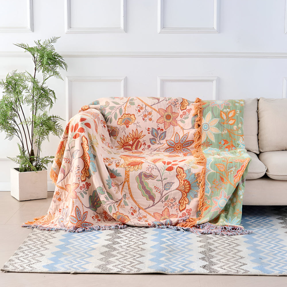 Floral Boho Blanket Throw Woven Cotton Fabric | Fringe Trim Design | Cosy Layer for Sofa, Bed, Picnic and Outdoor Use 5
