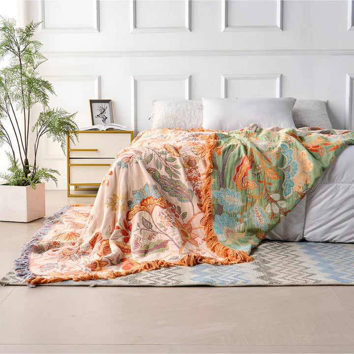 Floral Boho Blanket Throw Woven Cotton Fabric | Fringe Trim Design | Cosy Layer for Sofa, Bed, Picnic and Outdoor Use 7
