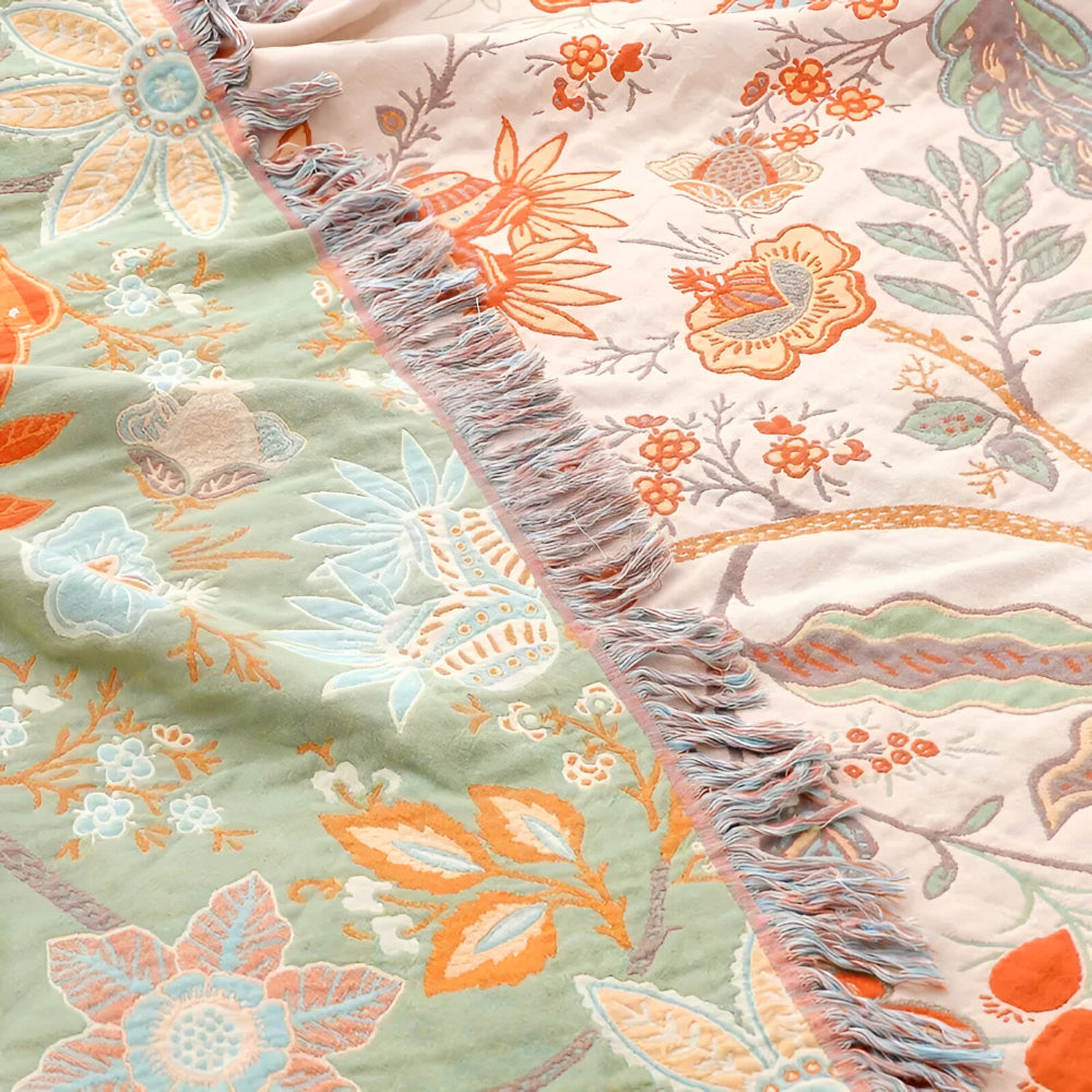 Floral Boho Blanket Throw Woven Cotton Fabric | Fringe Trim Design | Cosy Layer for Sofa, Bed, Picnic and Outdoor Use 9