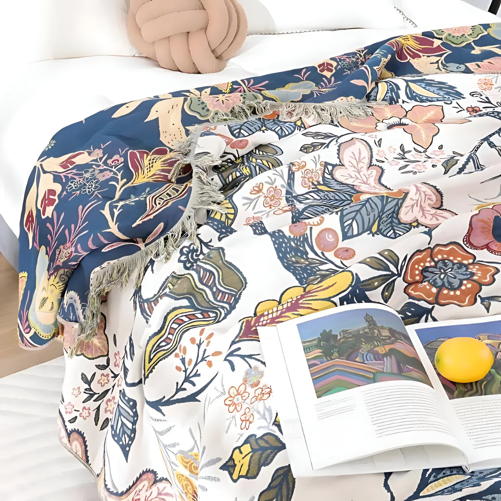 Floral Reversible Blanket Throw Jacquard Woven Fabric | Tassel Trim Edge Detail | Reversible Two-Sided Design for Sofas and Beds 4