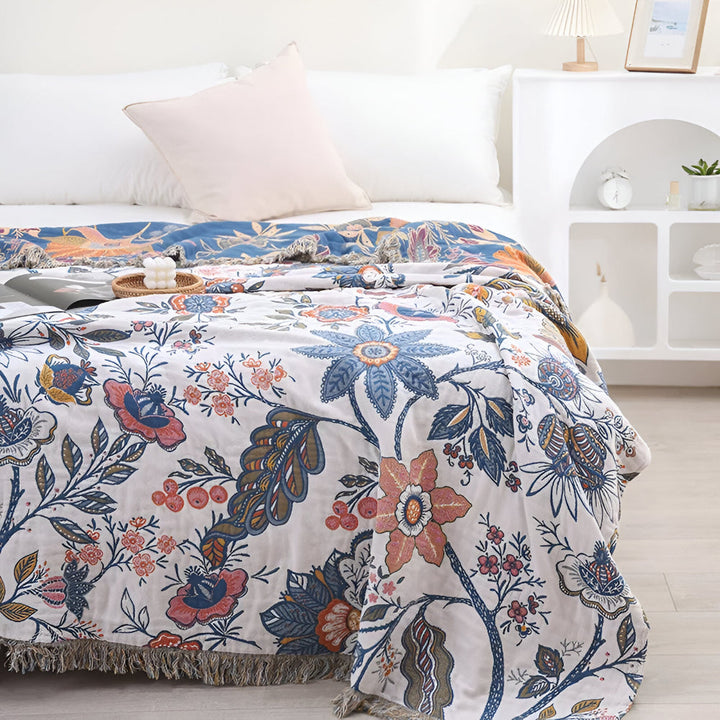 Floral Reversible Blanket Throw Jacquard Woven Fabric | Tassel Trim Edge Detail | Reversible Two-Sided Design for Sofas and Beds 3