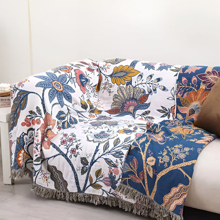 Floral Reversible Blanket Throw Jacquard Woven Fabric | Tassel Trim Edge Detail | Reversible Two-Sided Design for Sofas and Beds 1