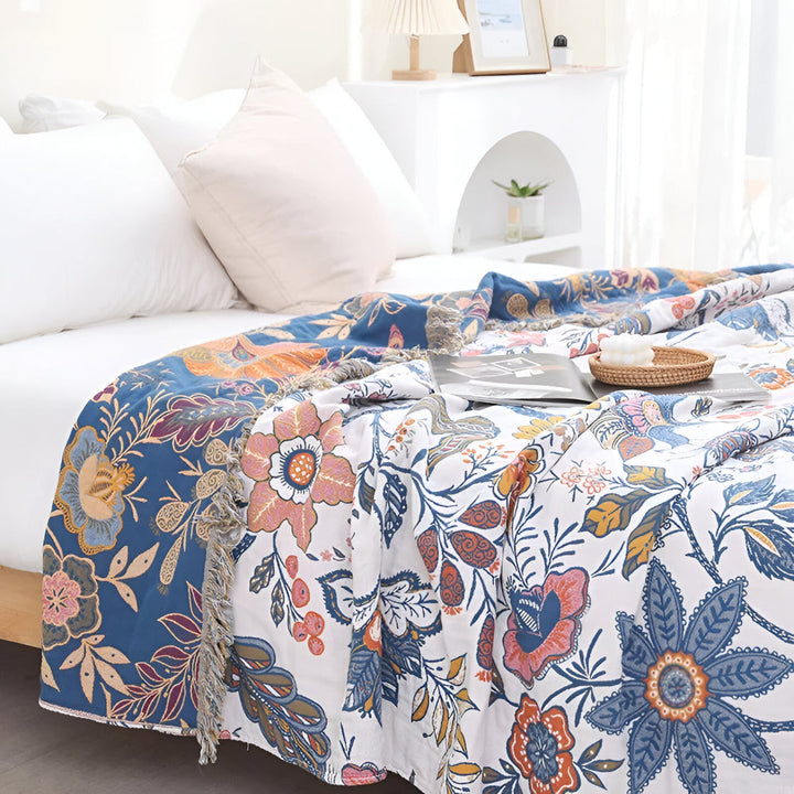 Floral Reversible Blanket Throw Jacquard Woven Fabric | Tassel Trim Edge Detail | Reversible Two-Sided Design for Sofas and Beds 2