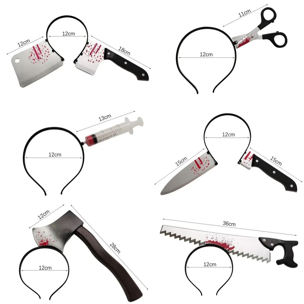 Bloody Weapon Halloween Headband | Fake Axe, Saw & Knife Horror Prop | Reusable Slip-On Plastic Costume Accessory