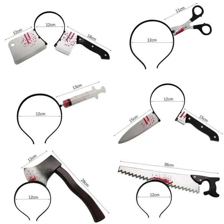 Bloody Weapon Halloween Headband | Fake Axe, Saw &amp; Knife Horror Prop | Reusable Slip-On Plastic Costume Accessory