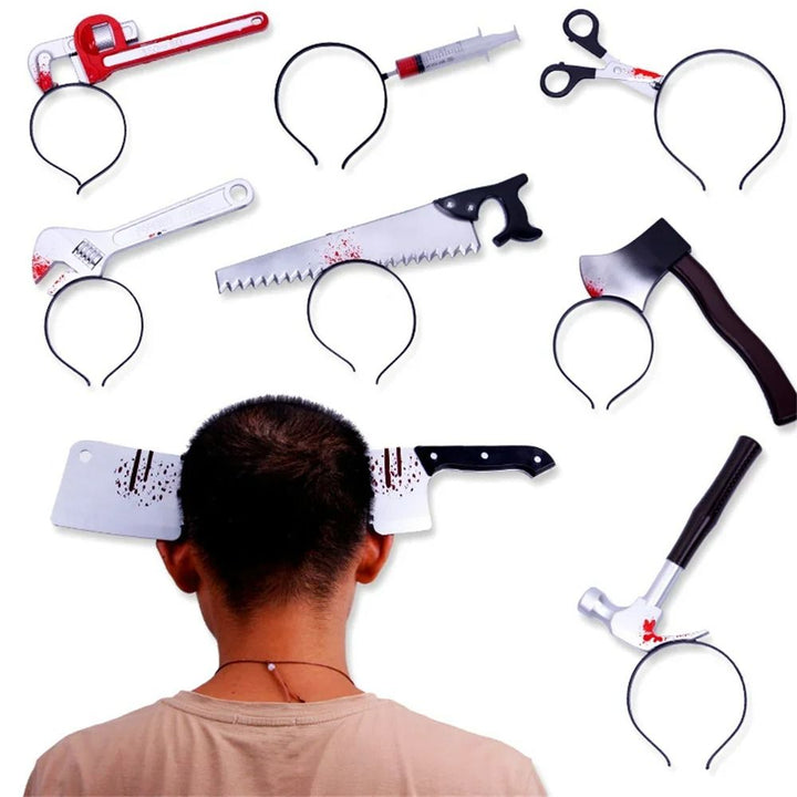 Bloody Weapon Headband Halloween Costume Prop | Head-Through Optical Illusion Design | Lightweight Flexible Plastic