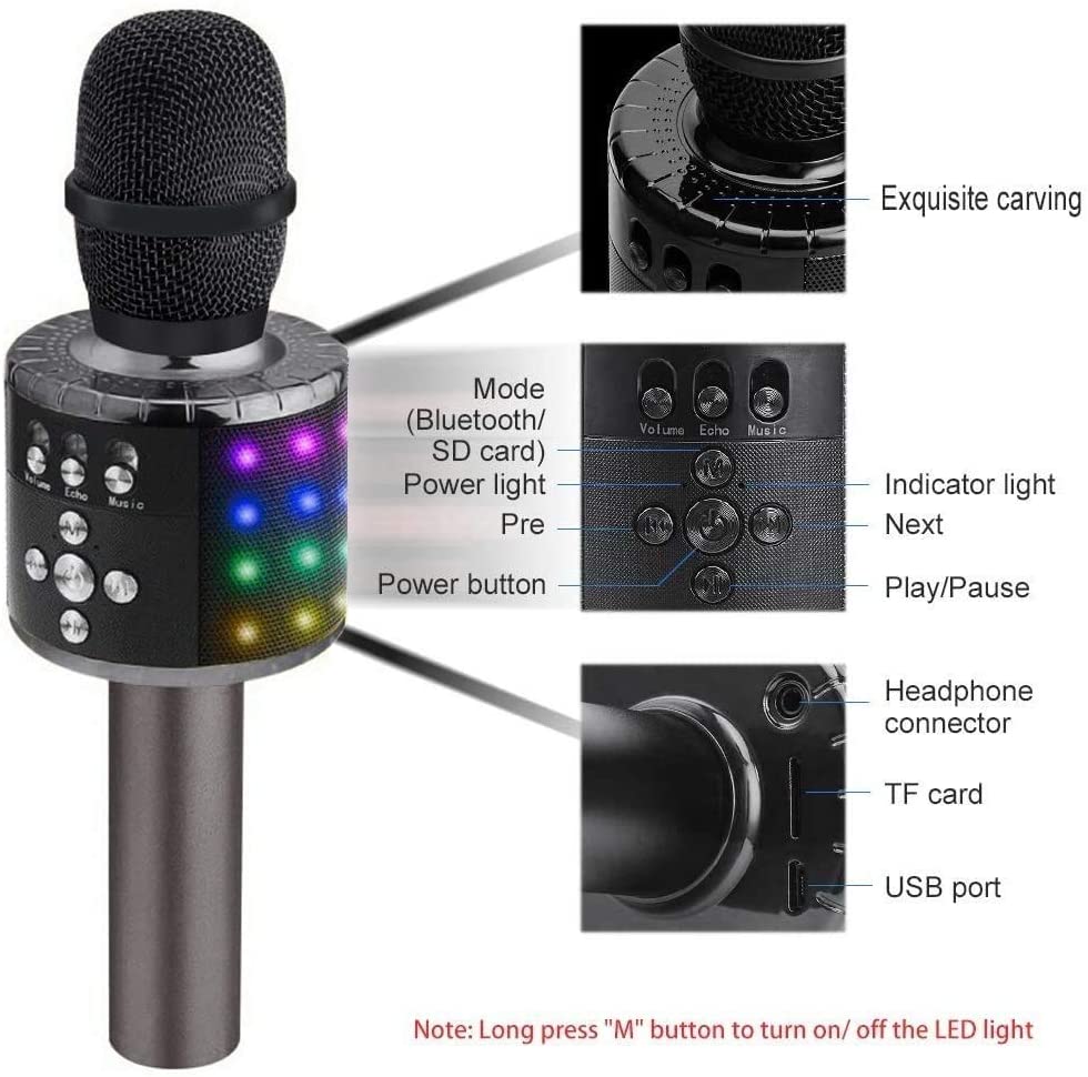 Bluetooth Karaoke Microphone 4-in-1 | Wireless Handheld Speaker &amp; Recorder | 2000mAh Rechargeable Battery with LED Lights