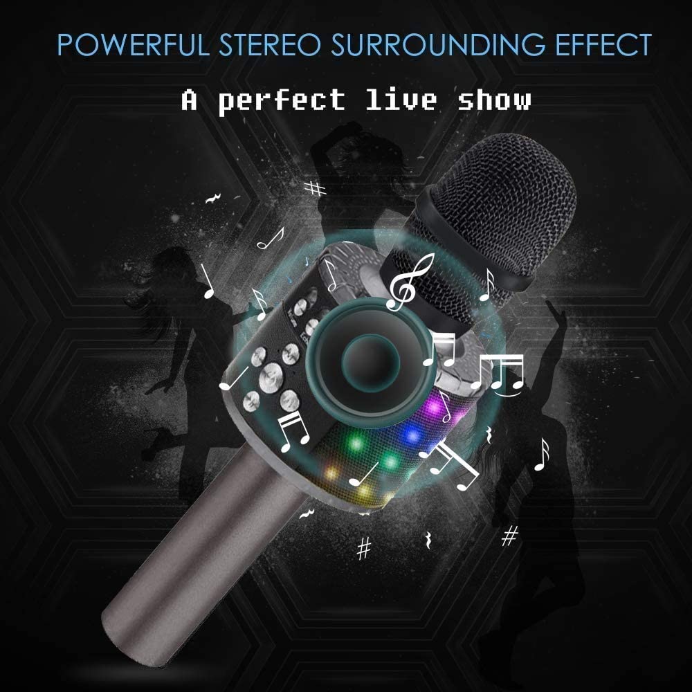 Bluetooth Karaoke Microphone 4-in-1 | Wireless Handheld Speaker &amp; Recorder | 2000mAh Rechargeable Battery with LED Lights