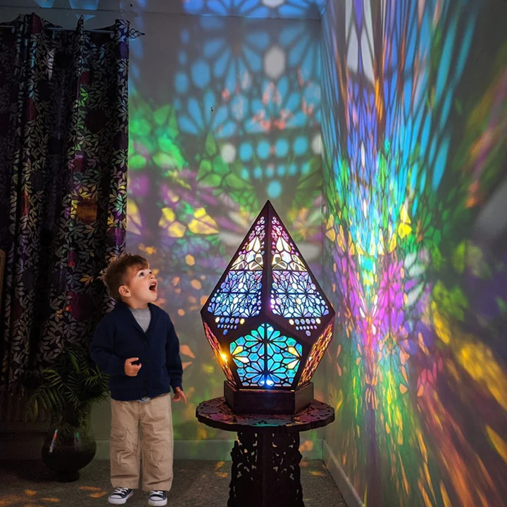 Bohemian Stained Glass Projection Lamp Wood | Moroccan Turkish Pattern Design | USB Powered Colour-Changing Night Light