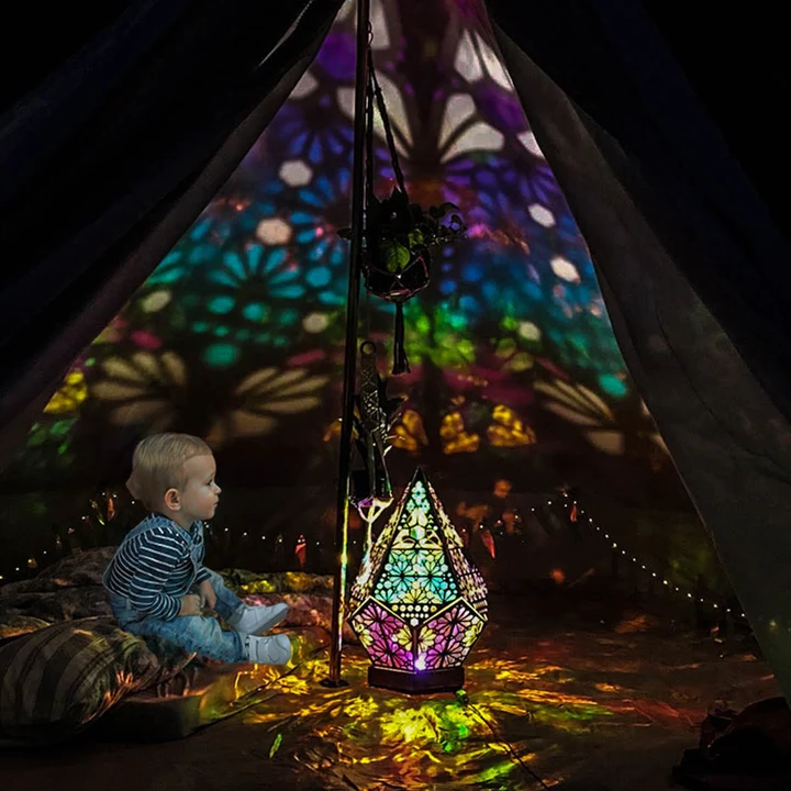 Bohemian Stained Glass Projection Lamp Wood | Moroccan Turkish Pattern Design | USB Powered Colour-Changing Night Light