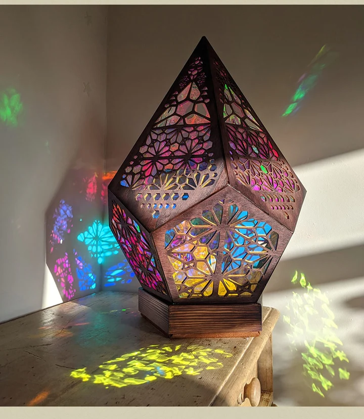 Bohemian Stained Glass Projection Lamp Wood | Moroccan Turkish Pattern Design | USB Powered Colour-Changing Night Light