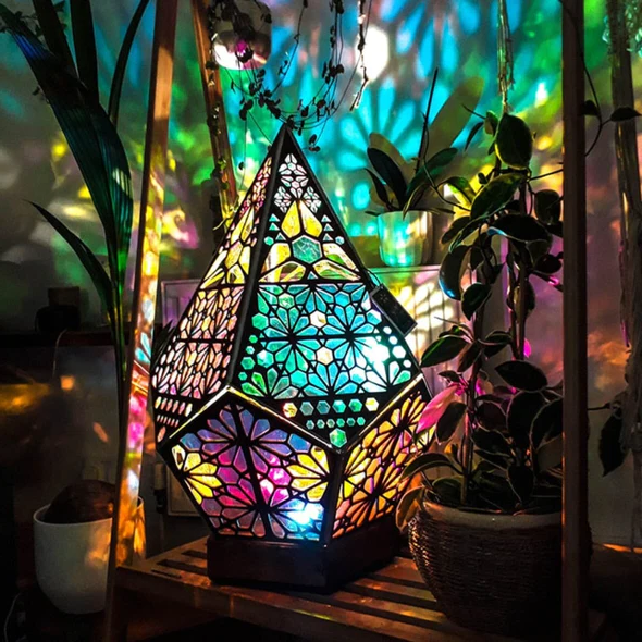 Bohemian Stained Glass Projection Lamp Wood | Moroccan Turkish Pattern Design | USB Powered Colour-Changing Night Light