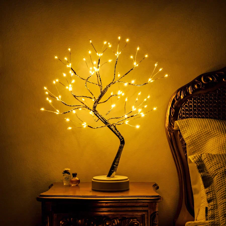 Bonsai Tree Lamp with Flexible Branches | Warm White LED Lights, Silver Trunk | Touch-Sensitive Control, Mid Century Style
