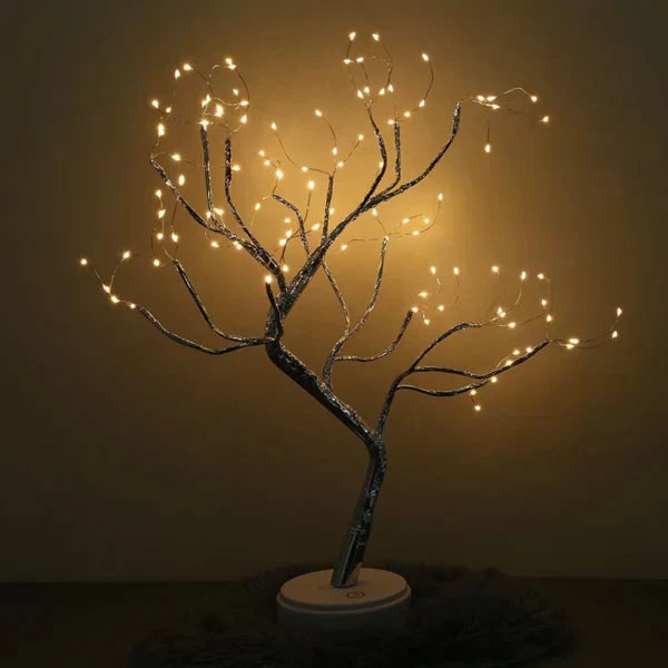 Bonsai Tree Lamp with Flexible Branches | Warm White LED Lights, Silver Trunk | Touch-Sensitive Control, Mid Century Style