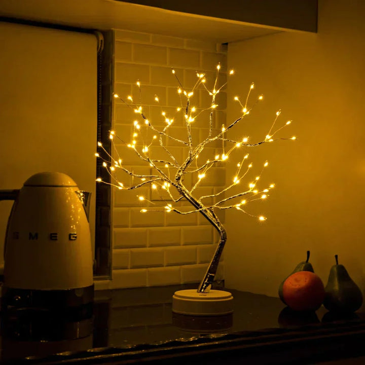 Bonsai Tree Lamp with Flexible Branches | Warm White LED Lights, Silver Trunk | Touch-Sensitive Control, Mid Century Style