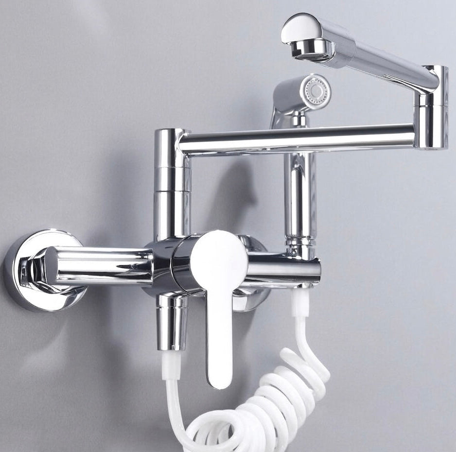 Brass Pot Filler Kitchen Tap | Swing Arm &amp; Side Sprayer | Deck Mounted | Polished Finish