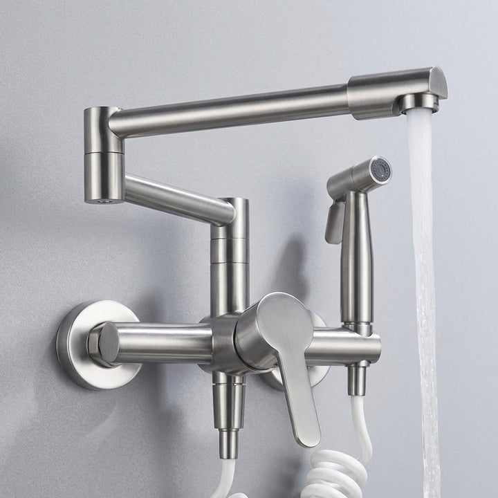 Brass Pot Filler Kitchen Tap | Swing Arm &amp; Side Sprayer | Deck Mounted | Polished Finish