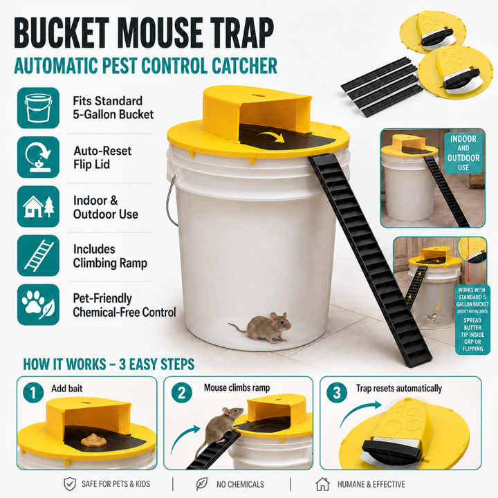 Bucket Mouse Trap Lid 4-Pack | Auto-Reset Bait-and-Ladder System | Fits Standard 5-Gallon Bucket, Indoor Outdoor Use 3