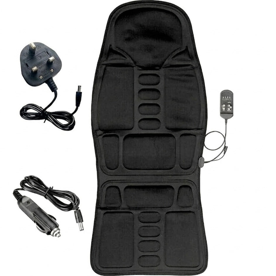 Car &amp; Home Seat Massage Cushion | 8 Modes | Heat Function | 12V &amp; 110–240V | Wired Remote | Black