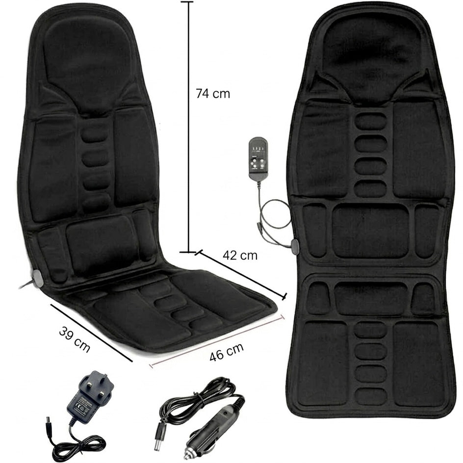 Car &amp; Home Seat Massage Cushion | 8 Modes | Heat Function | 12V &amp; 110–240V | Wired Remote | Black