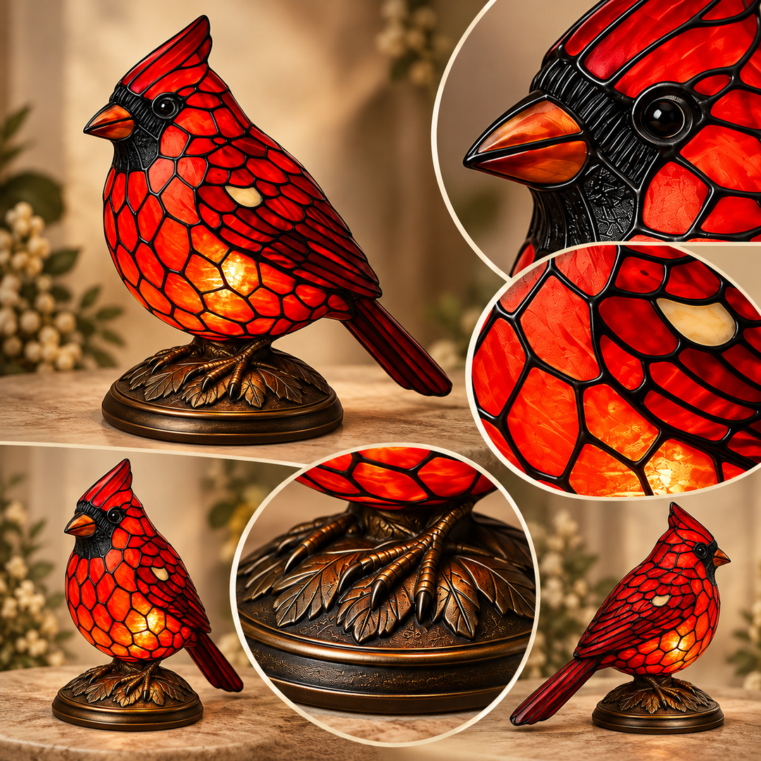 Stained Glass Cardinal Nightlight | Bird-Themed Accent Lamp | Warm Ambient Glow for Bedside, Shelf or Mantel Decor 4